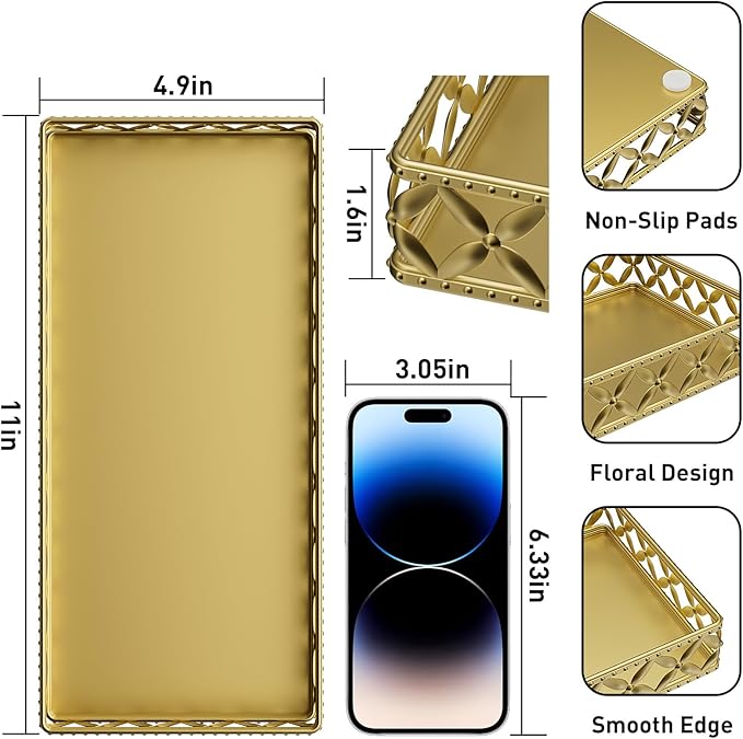 Bathroom Vanity Tray for Counter Organizer - 11 Inch Small Decorative Tray Gold Rectangle Countertop Tray for Perfume Makeup Cosmetic Jewelry