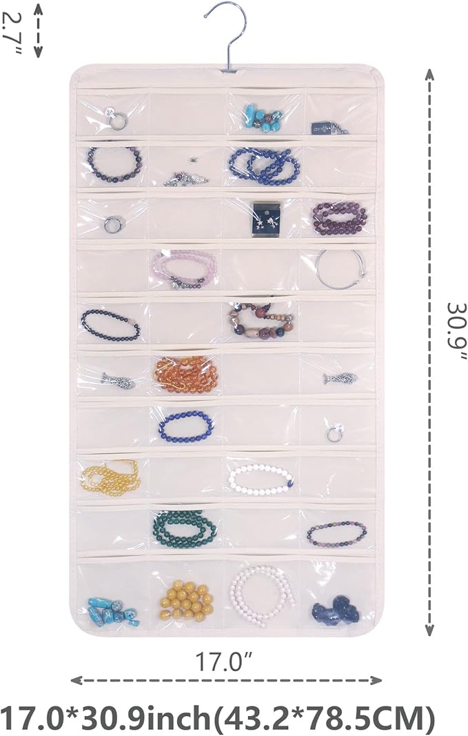 DIOMMELL 80 Pockets Hanging Jewelry Organizer for women, Storage Bag for Earrings Necklace Bracelet Ring accessory display holder, Beige
