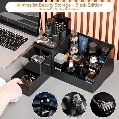 Yieach Mens Cologne Organizer With Drawers,Large Acrylic Perfume Organizer,Fragrance Shelf for Men Room Decor,Black Makeup Organizers and Cologne Holder for Mens Vanity,Bathroom Countertop and Dresser