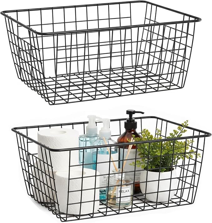 Metal Black Large Wire Basket Food Storage Organizer,pantry organizers and storage for Organizing Kitchen Cabinets potato onion, 2 Pack
