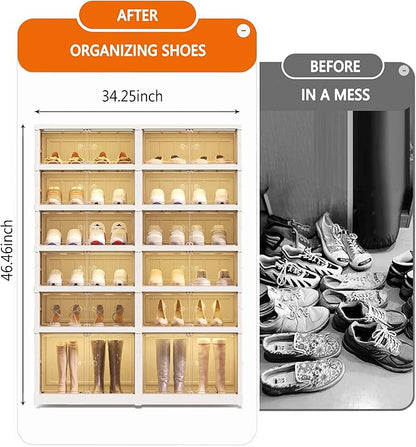 6 Tier 24 Pairs Large Shoe Rack Organizer with Doors, Foldable Collapsible Plastic Shelf, Stackable Storage Cabinet for Closet, Entryway, Hallway, Living Room - Easy Assembly