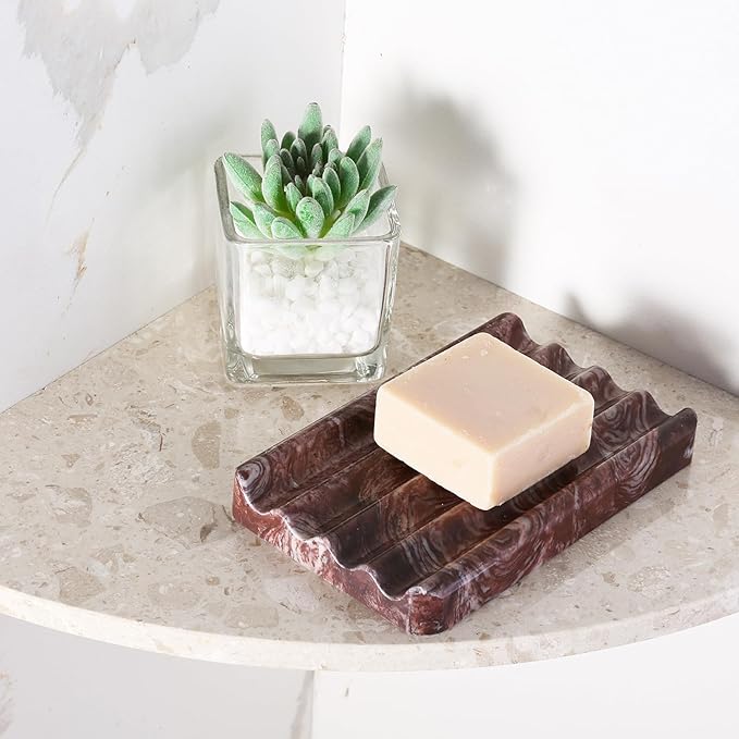 Koville Natural Marble Soap Dish for Shower, Red Marble Soap Tray for Bathroom, Bar Soap Holder for Sink, Stripe Grooves Saver Stone Soap Dish Keep Soap Bars Dry Easy Clean(Red Storm)