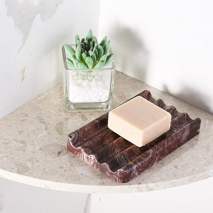 Koville Natural Marble Soap Dish for Shower, Red Marble Soap Tray for Bathroom, Bar Soap Holder for Sink, Stripe Grooves Saver Stone Soap Dish Keep Soap Bars Dry Easy Clean(Red Storm)