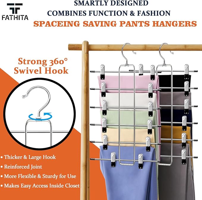 6-Tier Space Saving Pants Hangers with Clips, Multi-Functional Skirt & Jean Organizer for Small Closets, Dorm Room Essentials, 2 Pack Metal Clothes Storage