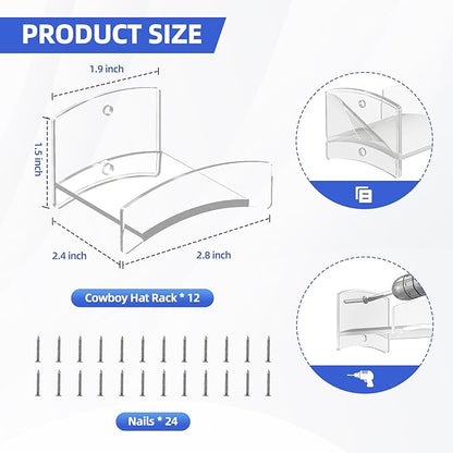 Cowboy Hat Rack(12Pack) - Wide Brimmed Organizer - Strong Adhesive Cowboy Holder - 2.2Inch Hooks for Walls - 2 Mounting Option Holder - Hangers for Doors and Closets - Clear