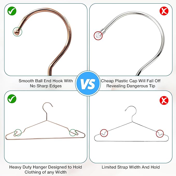 Heavy Duty Metal Hangers with Unique Hook Design Durable & Sturdy Coat Hangers 4mm Thick Withstands 25lbs Weight Smooth Finish Compact Shirt Hangers - 40 Pack Rose Gold