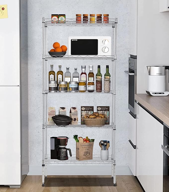 5-Tier Shelving Unit Adjustable Metal Shelves 48" H Storage Rack Wire Shelf for Pantry Kitchen Closet Organization Space Saving, 750LB Capacity, 21.5D x 11.6W x 47.6H, Chrome
