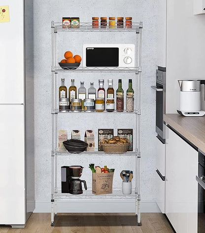 5-Tier Shelving Unit Adjustable Metal Shelves 48" H Storage Rack Wire Shelf for Pantry Kitchen Closet Organization Space Saving, 750LB Capacity, 21.5D x 11.6W x 47.6H, Chrome