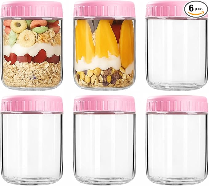 Overnight Oats Containers with Lids, 16oz Wide Mouth Mason Jars with Lids, 6 Pack Glass Jars with Airtight lid for Chia Pudding Yogurt Salad, Meal Prer Oatmeal Jars, Pink