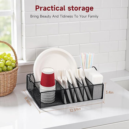 Utensil Caddy with Handle, Metal Paper Plate Holder for Kitchen Counter,Silverware Cutlery Caddy Organizer Flatware Storage for Plastic Spoon Fork Plates Napkins Cup Party Camping Black