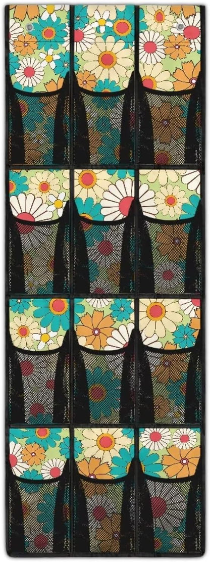 Hippie Flower Over the Door Shoe Organizer 12 Large Mesh Pockets Sturdy Oxford Door Shoe Organizer Hanging Shoe Rack for Closet Shoe Holder