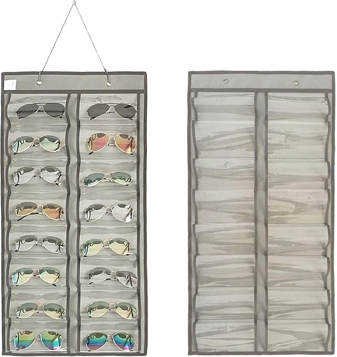 Dual-sided Hanging Sunglasses Organizer Dust-Proof Glasses Storage Wall Pocket Eyeglasses Display Case with 32 Slots