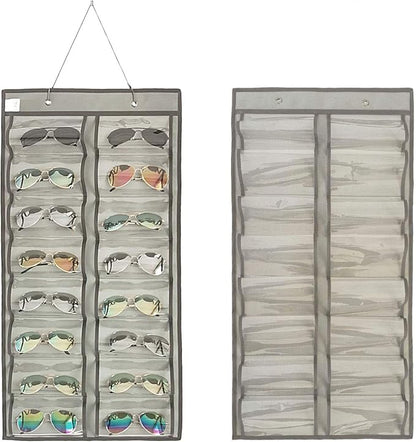 Dual-sided Hanging Sunglasses Organizer Dust-Proof Glasses Storage Wall Pocket Eyeglasses Display Case with 32 Slots