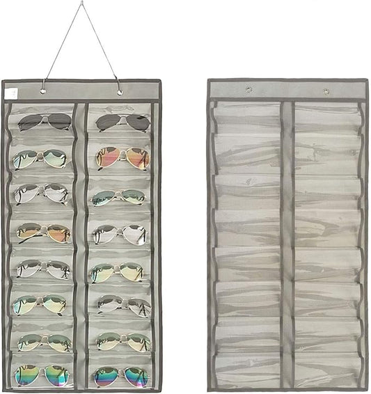 Dual-sided Hanging Sunglasses Organizer Dust-Proof Glasses Storage Wall Pocket Eyeglasses Display Case with 32 Slots