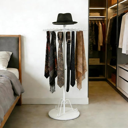 White 360°Rotating Scarf Display Tie Rack Belt Hanger Shawl Hijab Stand, Boutique Retail Display Stand Home Organizer Holder for Commercial Clothing Store, Bedroom(49.2in,30 Hanging Rods)