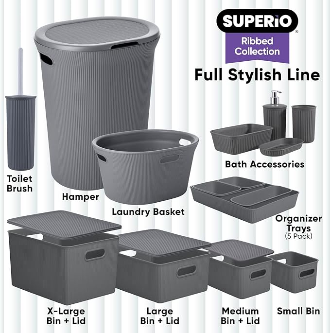 Decorative Plastic Basket Lidded Home Storage Bins Organizer Baskets, Medium Grey (1 Pack - 5 Liter) Stackable Container Box, for Organizing Closet Storage Bins for Shelves - Ribbed Collection
