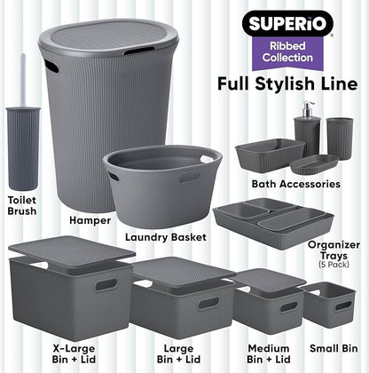 Decorative Plastic Basket Lidded Home Storage Bins Organizer Baskets, Medium Grey (1 Pack - 5 Liter) Stackable Container Box, for Organizing Closet Storage Bins for Shelves - Ribbed Collection