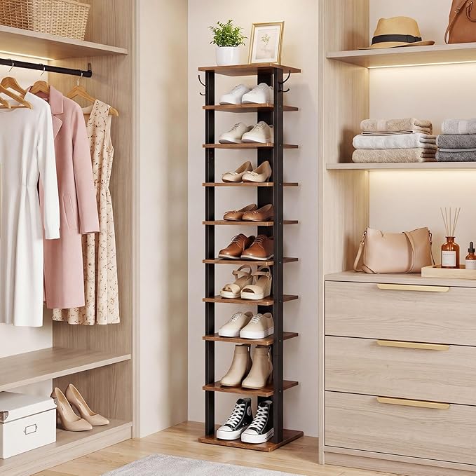 HOOBRO 10 Tiers Vertical Shoe Rack, Wooden Shoe Storage Organizer with Hooks, Narrow Shoe Tower for 10 Pairs, Space Saving, for Entryway, Living Room, Bedroom, Rustic Brown BF141XJ01