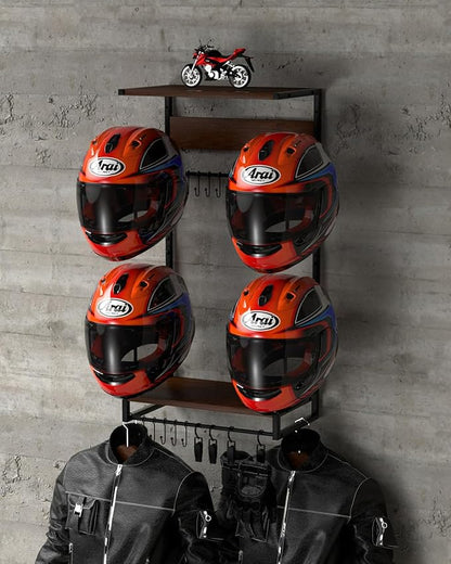 Vieshful Motorcycle Helmet Holder Wall Mount, Helmet Organize Rack with 2 Layer Wooden Boards and 4 Hat Stands,Helmet Hanger for Motorcycle Accesories Storage with 4 Glove Chips and 10 hooks
