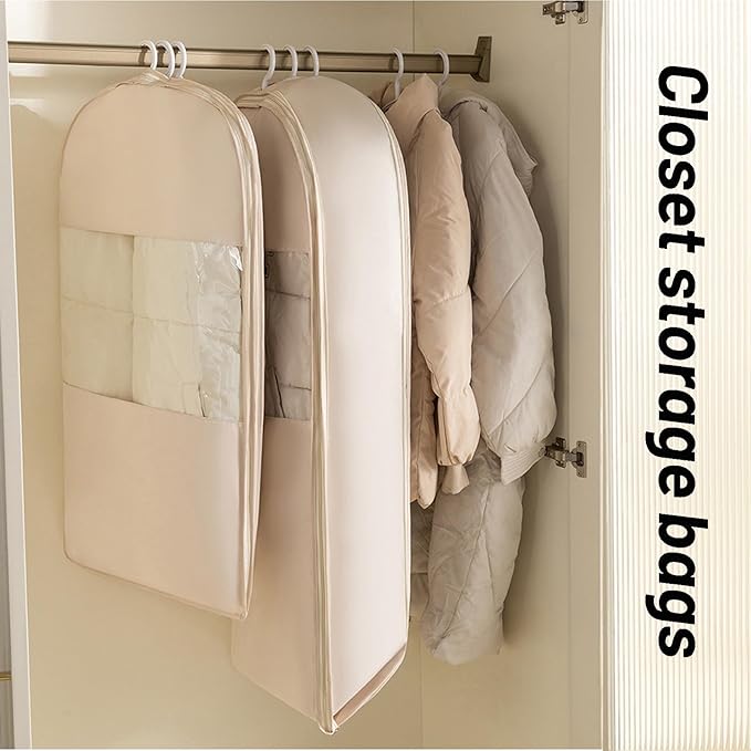 Space Saving Hanging Compression Garment Bag with Zipper for Closet Storage, Hanging Clothes Storage Bag, Garment Covers for Coats and Down Jackets, Beige, XL
