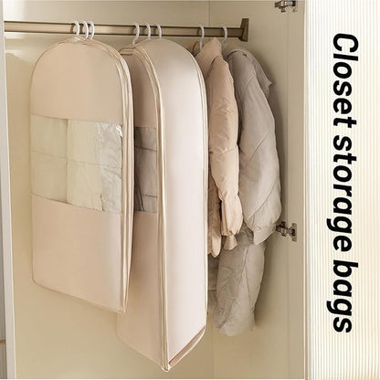 Space Saving Hanging Compression Garment Bag with Zipper for Closet Storage, Hanging Clothes Storage Bag, Garment Covers for Coats and Down Jackets, Beige, XL