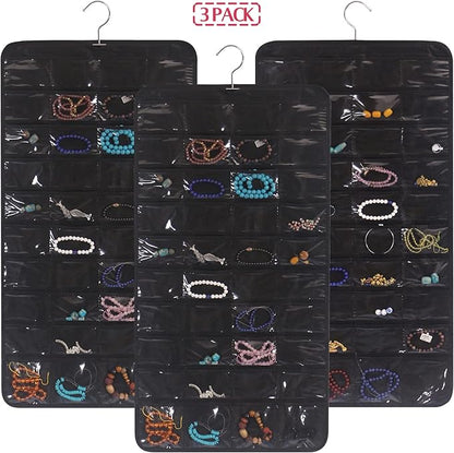 DIOMMELL 3 Pack Hanging Jewelry Organizer with 80 Pockets Jewelry Storage for Earrings Necklace Bracelet Ring Accessory, Black