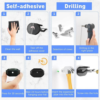 Niunuerga 16 Pack Adhesive Hat Hooks for Wall, Strong Hat Rack for Baseball Caps, Hat Organizer Display for Home Decor, Hat Hold Hanger for Wall, Door, Closet, No Drilling (Black)
