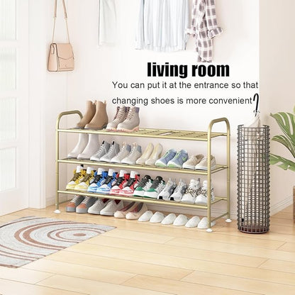 LINZINAR Shoe Rack Long 3 Tier Shoe Storage Organizer Metal Wide Shoe Shelf for Closet Entryway Bedroom 24 Paris Large Capacity, Gold
