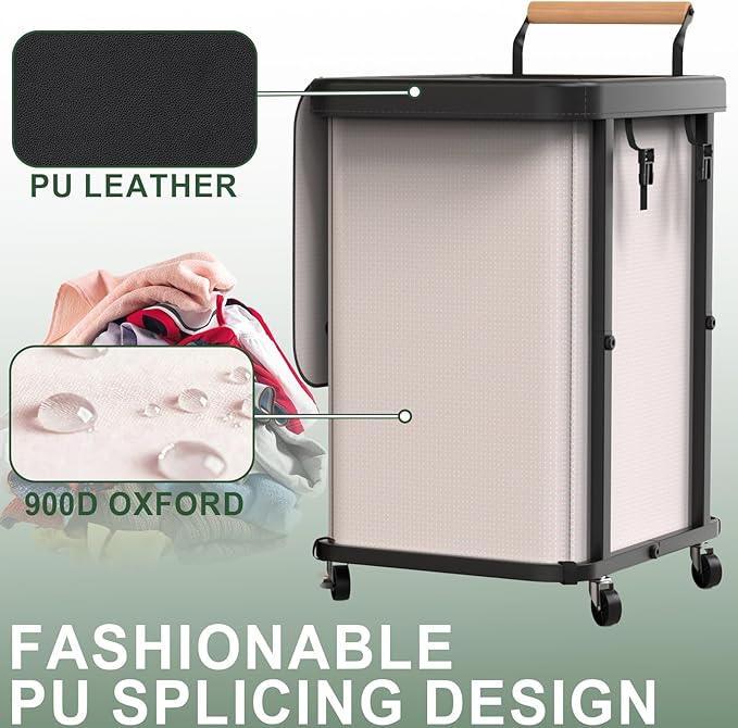150L (40 Gal) Extra Large Fashion Laundry Basket with Wheels, Rolling Basket Hamper with Handle, Organizer Storage Cart with Sturdy Metal Frame for Laundry Room - White