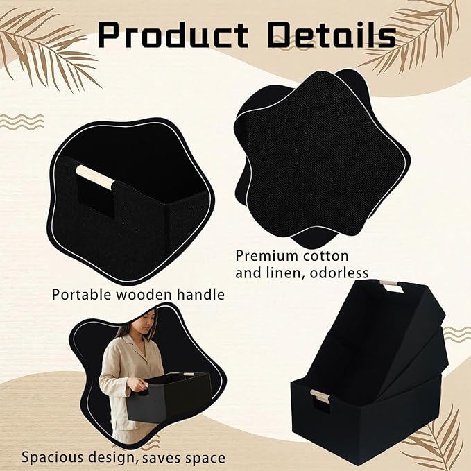 4 Pcs Fabric Storage Bins with Handle Black Collapsible Shelves Storage Basket Rectangle Wardrobe Organizer for Closet Shelves Sorting Toy and Clothes(15 x 10.6 x 6 Inch)