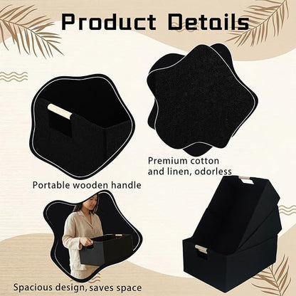 4 Pcs Fabric Storage Bins with Handle Black Collapsible Shelves Storage Basket Rectangle Wardrobe Organizer for Closet Shelves Sorting Toy and Clothes(15 x 10.6 x 6 Inch)