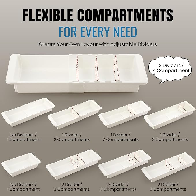 Enhon Expandable Sliding Drawer Organizer for Kitchen Drawers, Deep Drawer Organizer Tray with Adjustable Dividers, Sliding Kitchen Drawers Tray for Utensils, Silverware & Accessories, 11.4”–18”,White