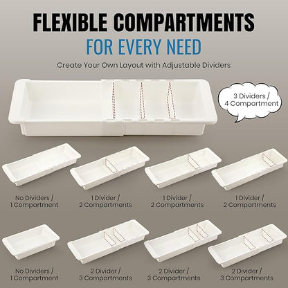 Enhon Expandable Sliding Drawer Organizer for Kitchen Drawers, Deep Drawer Organizer Tray with Adjustable Dividers, Sliding Kitchen Drawers Tray for Utensils, Silverware & Accessories, 11.4”–18”,White