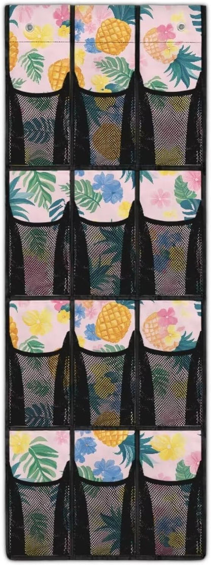 Over the Door Shoe Organizer 12 Large Mesh Pockets Sturdy Oxford Shoe Storage Organizer Hanging Shoe Rack for Closet Tropical Flower Pineapple