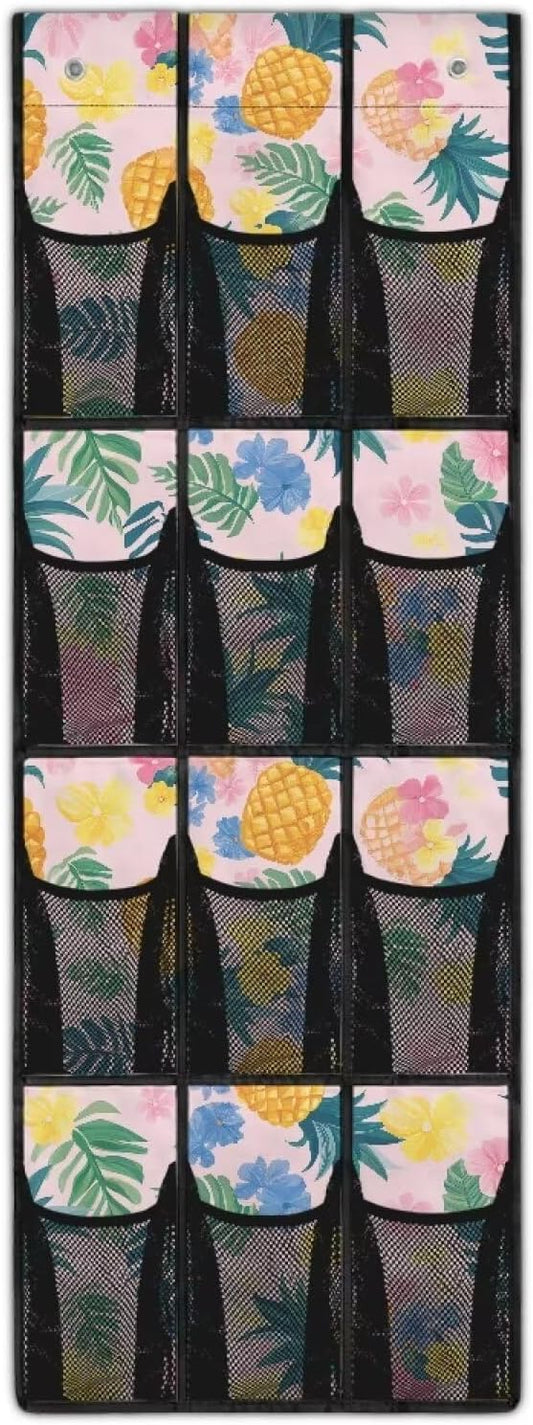 Over the Door Shoe Organizer 12 Large Mesh Pockets Sturdy Oxford Shoe Storage Organizer Hanging Shoe Rack for Closet Tropical Flower Pineapple