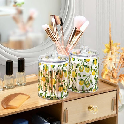 ALAZA 2pcs Watercolor Lemon Leaf Qtip Holder Dispenser 14 oz Bathroom Storage Clear Apothecary Jars Containers Cotton Ball,Cotton Rounds,Floss Picks, Hair Clips, Food