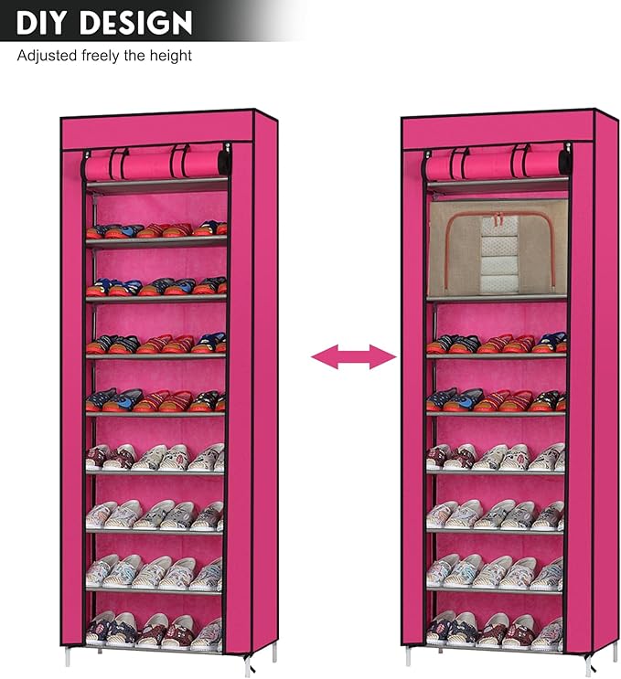 Vertical Narrow Shoe Rack Organizer, Room-Saving 10-Layers 9 Lattices Non-Woven Fabric Shoe Rack, Free Standing Shoe Storage Cabinet with Dustproof Cover, 22.83 x 11.4 x 63 inches,Rose Red