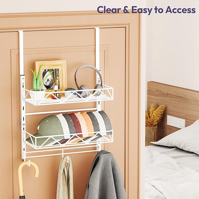 SWTYMIKI Over Door Hat Organizer - 3 Tier Wall Mounted Hat Rack with 2 Adjustable Metal Basket and 3 Hooks, Hanging Baseball Cap Organizer Storage Holds up to 29 Caps for Door, Bedroom, Closet