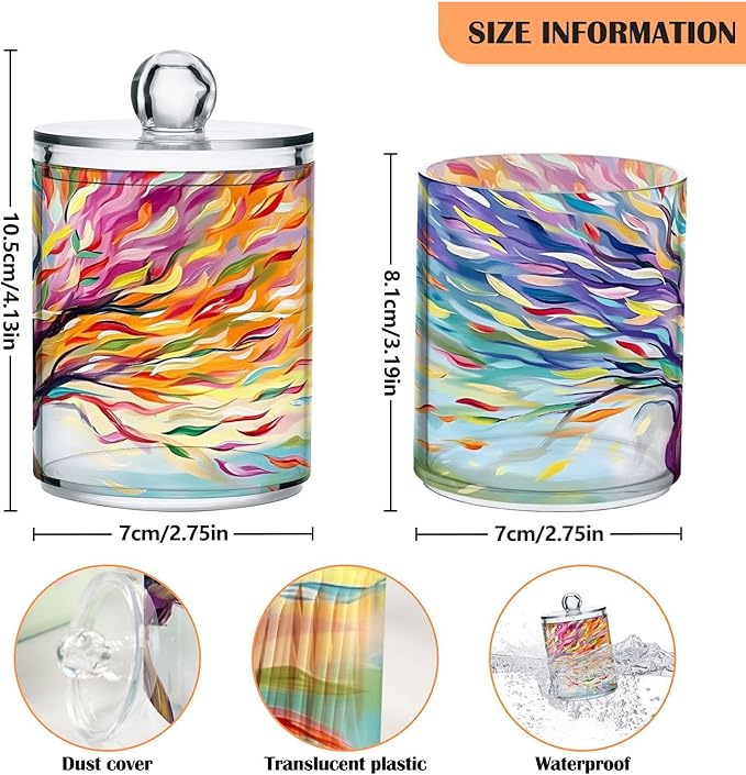 2 Pack Qtip Holder Dispenser for Cotton Ball Rainbow Life Of Tree Plant Swab Round Pads Clear Plastic Acrylic Jar Set Bathroom Canister