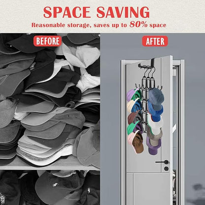 Hat Rack for Door, Collapsible Over The Door Hat Organizer with 10 Large Hooks, Holds 40 Baseball Caps, Rotatable Metal Space Saving Caps Hanger for Display and Storage, Black