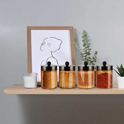 3 Pack Apothecary Jar Canisters Bathroom Vanity Organizer - Qtip Holder Storage Organizer Set Countertop Canister with Stainless Steel Lids &Cute Stickers for Qtips,Cotton Swabs,Makeup Sponges,Floss