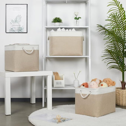 Bidtakay Large Storage Baskets for Organizing Fabric Closet Organizers Storage Bins with Handles 3-Pack 16x11.8x11.8 Inch Collapsible Baskets for Shelves Clothes Home Organization L-White&Beige