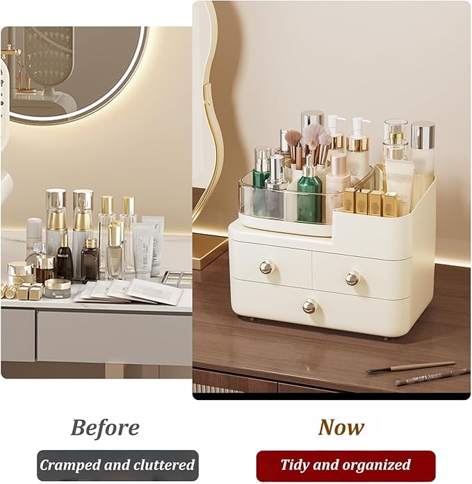 Makeup Organizer with Drawers and 360° Rotating Brush Holder,make up organizers for counter,Large Capacity Cosmetic Storage for Vanity,Skincare,Perfume