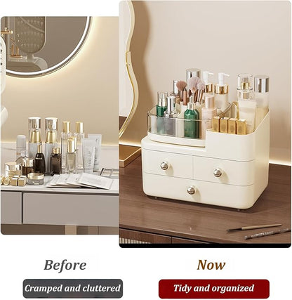 Makeup Organizer with Drawers and 360° Rotating Brush Holder,make up organizers for counter,Large Capacity Cosmetic Storage for Vanity,Skincare,Perfume