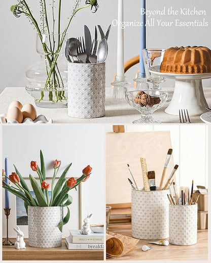 LE TAUCI Utensil Holder for Kitchen Counter - 7.1"+5.4" Ceramic Kitchen Utensil Holder Set of 2, Large Cooking Utensil Crock & Organizer for Spatula, Spoon - Embossed Kitchen Decor, White,Clover