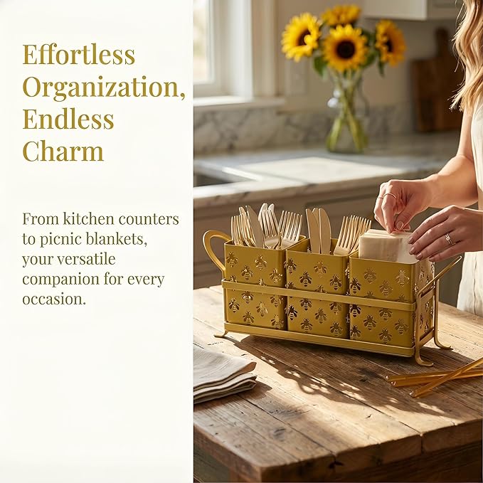 Silverware Caddy with Bee Design, 3 Compartment Metal Utensil Holder with Handles,Silverware Holder for Party Countertop, Kitchen, Outdoor, Cutlery Holder Organizer for Spoon Fork,Gold