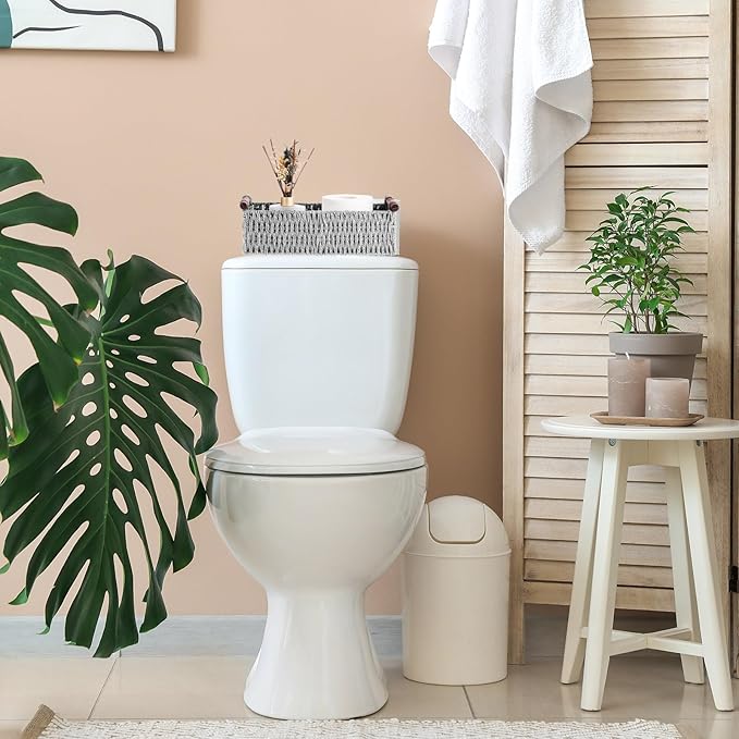 Boao 3 Pcs Boho Storage Wicker Baskets Handmade Woven Decorative Paper Rope Baskets for Organizing with Handle Countertop Toilet Paper Storage Container for Toilet Tank Top(Light Grey,Rectangle)