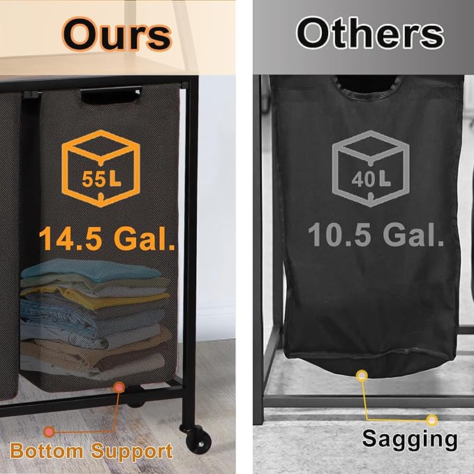 Timberer Laundry Hamper, Laundry Sorter with 4 Section, Rolling Basket with Wheels, 2 Shelves, 4 14.5 Gal, Pull-Out and Removable Oxford Fabric Bags for Laundry Room, Black and Rustic Brown