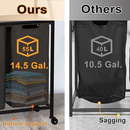 Timberer Laundry Hamper, Laundry Sorter 2 Section, Rolling Laundry Basket with Wheels, 2 Shelves, 2 × 14.5 Gal, Pull-Out and Removable Oxford Fabric Bags, for Laundry Room,Black and Rustic Brown