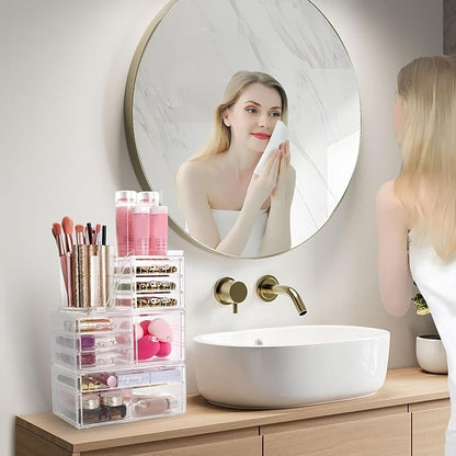 Clear Makeup Organizer with 9 Drawers & Rotating Brush Holder - Large Capacity Cosmetic Display Cases Storage for Vanity, Countertop, Bathroom, Lipstick and Skincare Organization